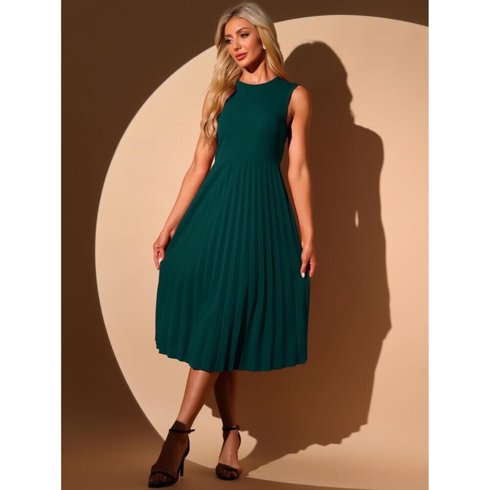 Women's Sleeveless Pleated Dress Knitted Midi Crew Neck Elegant Office - Picture 2 of 5